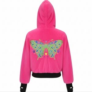 Club EXX Hot Pink Soft Jacket with Butterfly Design On Back Size S LIKE New